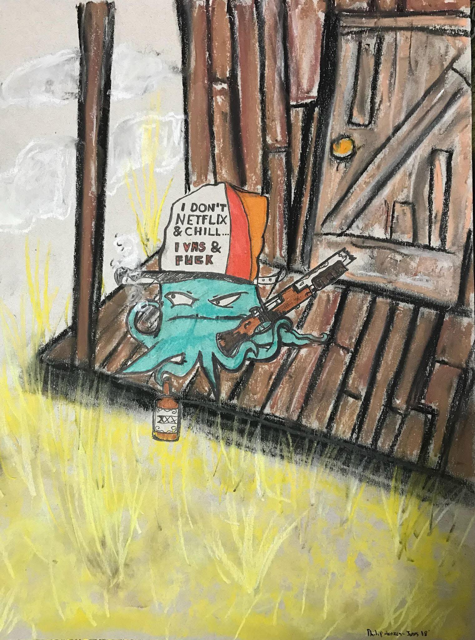Pastel drawing of a smoking octopus in a trucker hat that says 'i don't netflix & chill, i vhs and fuck' by Philip Arnzen-Jones